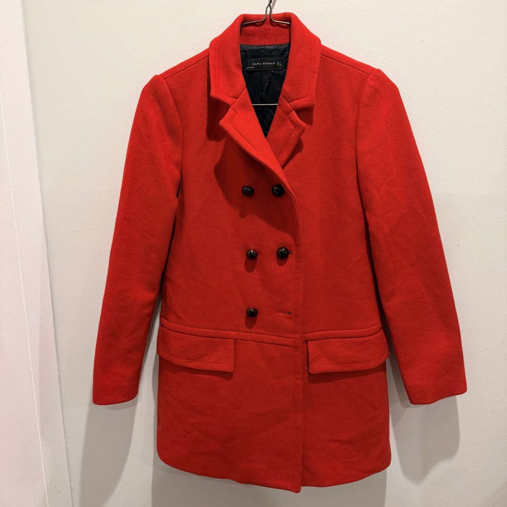 Zara Red Double Breasted Wool Blend Pea Coat Vibrant Winter Jacket | Size M